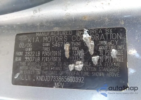 2006 Kia Sorento Ex/Lx z USA, uszkodzony, nr VIN KNDJD733865610392